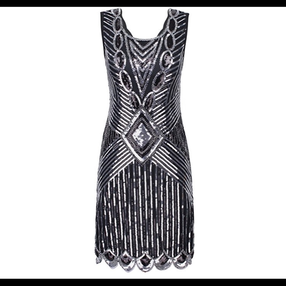 Sequin Art Deco Scalloped Hem Flapper Dress